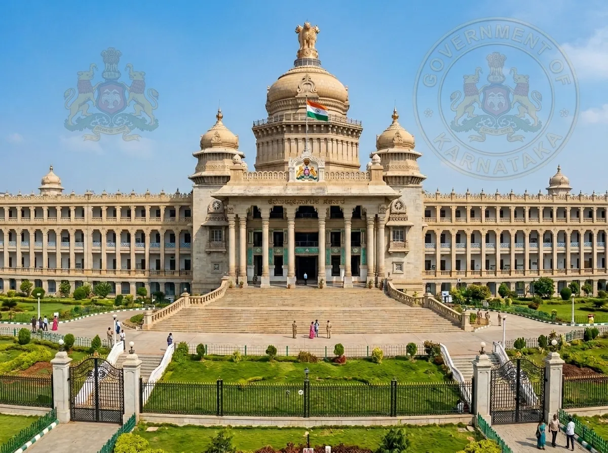 Technological hub imagery for Karnataka, showing clean minimalist office windows reflecting a deep blue sky.